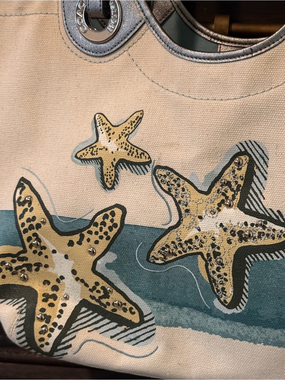 Rare Coach F19212 Starfish Beach Tote Canvas Teal Silver 2012 - Picture 14 of 15